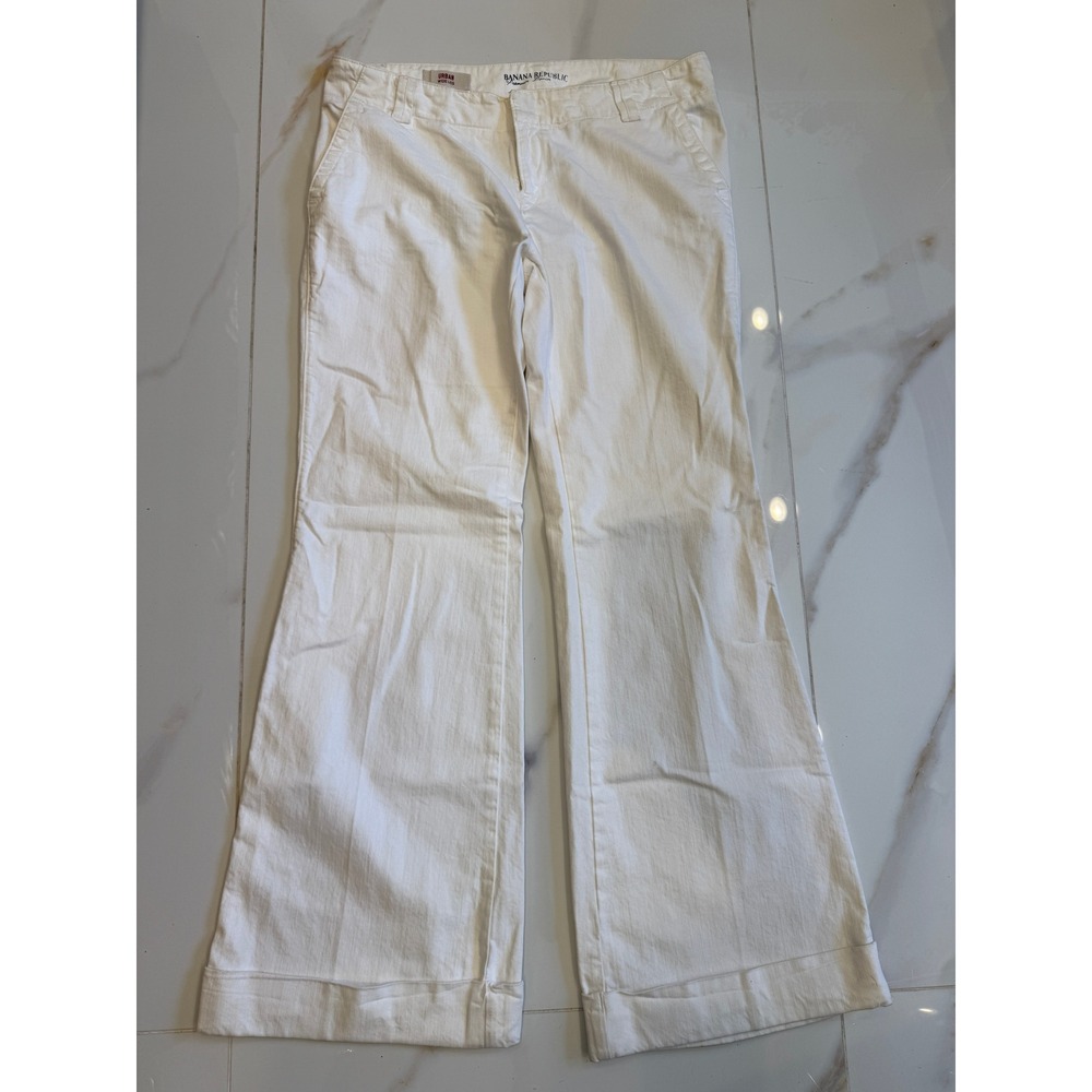Banana Republic Urban Wide Leg White Premium Denim Pants Size 12 Cuffed Hem